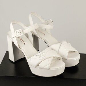 Prada 95mm Quilted Platform Heels, White, EU 38.5